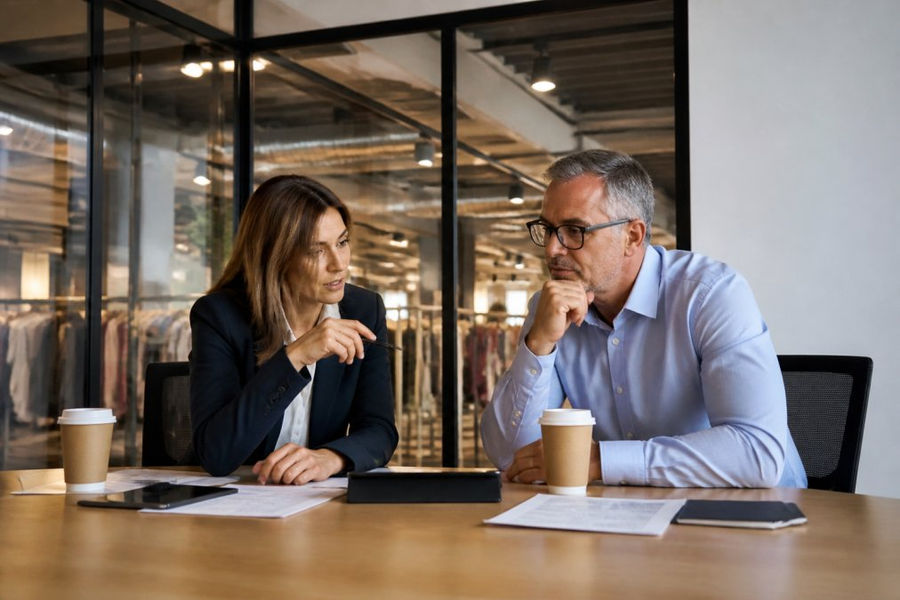 A retail finance director and supply chain lead reviewing real-time inventory and margin dashboards on a large screen in a modern retail headquarters office, warm overhead lighting, coffee cups on the conference table