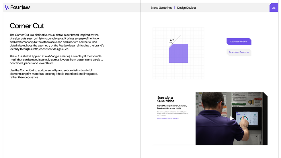 Brand guidelines image featuring the "Corner Cut" design at 45°, with purple accents. Text explains the concept. Includes "Request a Demo" button.
