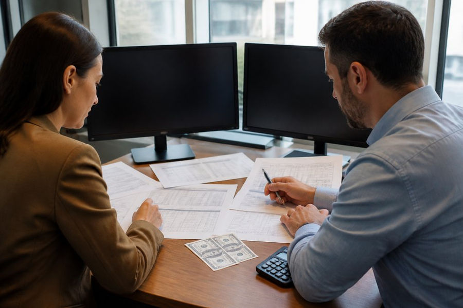 A retail operations manager and a finance analyst reviewing pricing dashboards on two monitors in a modern merchandising office, printed vendor quote sheets on the desk, natural window light