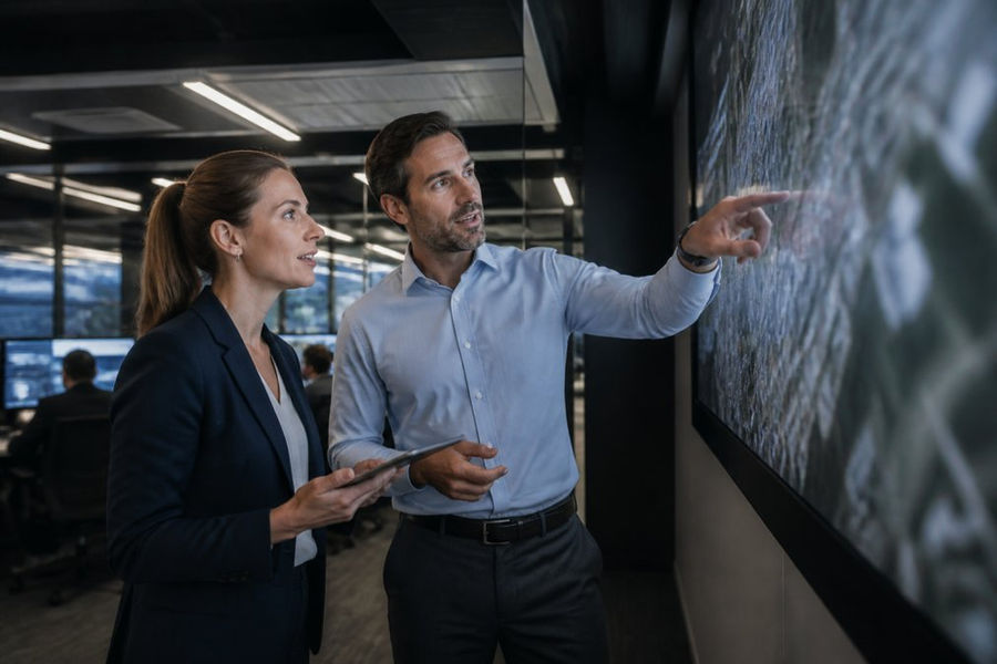 A supply chain director and finance lead reviewing real-time dashboards on a large monitor in a modern operations center, pointing at inventory metrics together under cool overhead lighting
