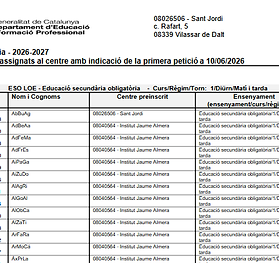 ESO - Llistat d'alumnes assignats al centre amb indicació de la primera petició a 10/06/2026