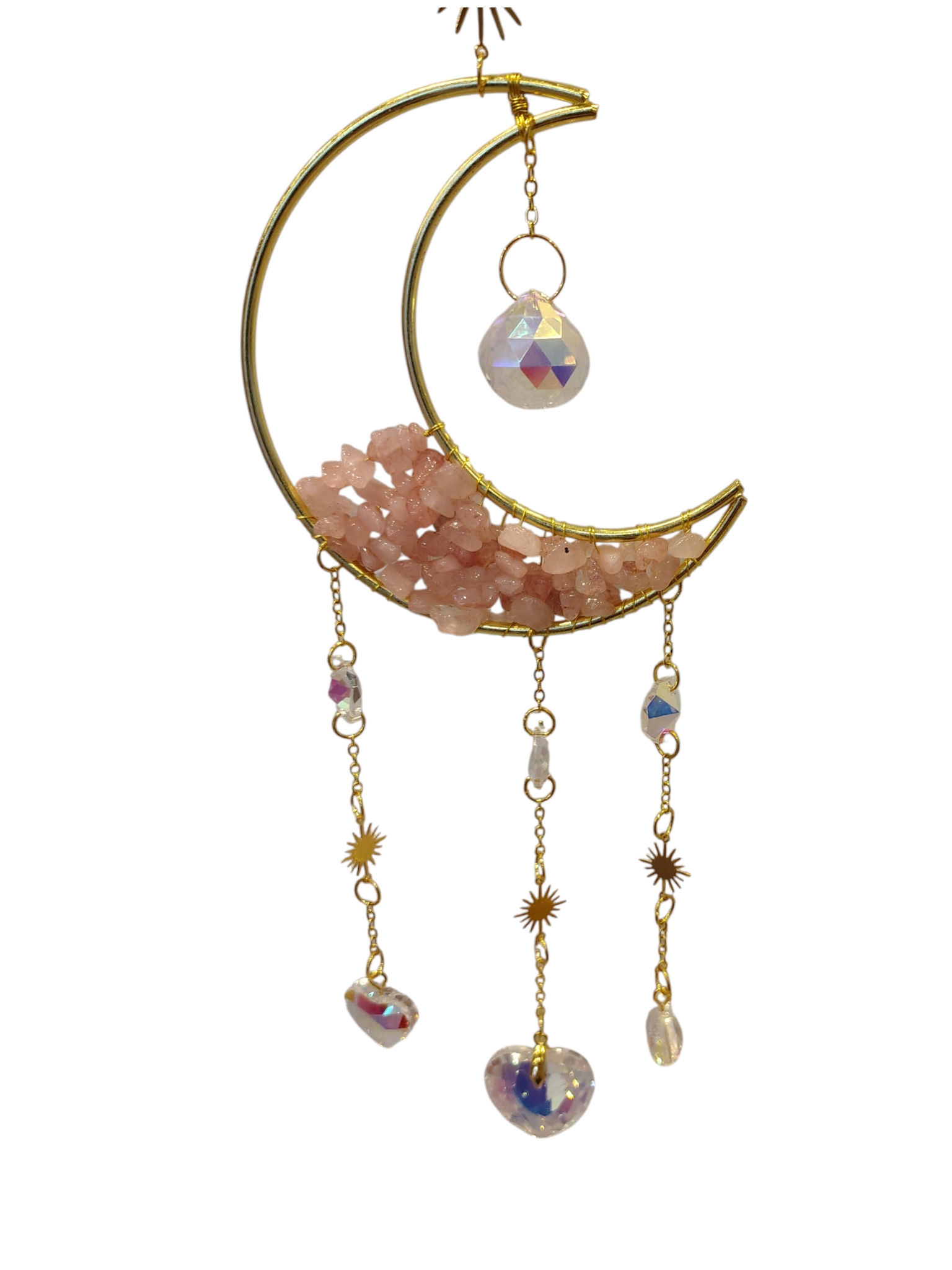 Gold tone rose quartz crescent moon suncatcher