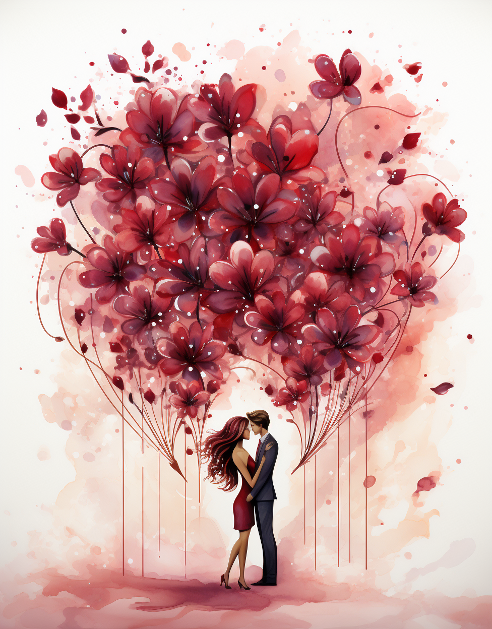 a couple standing under flowers