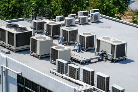 Rooftop AC condensing units. 