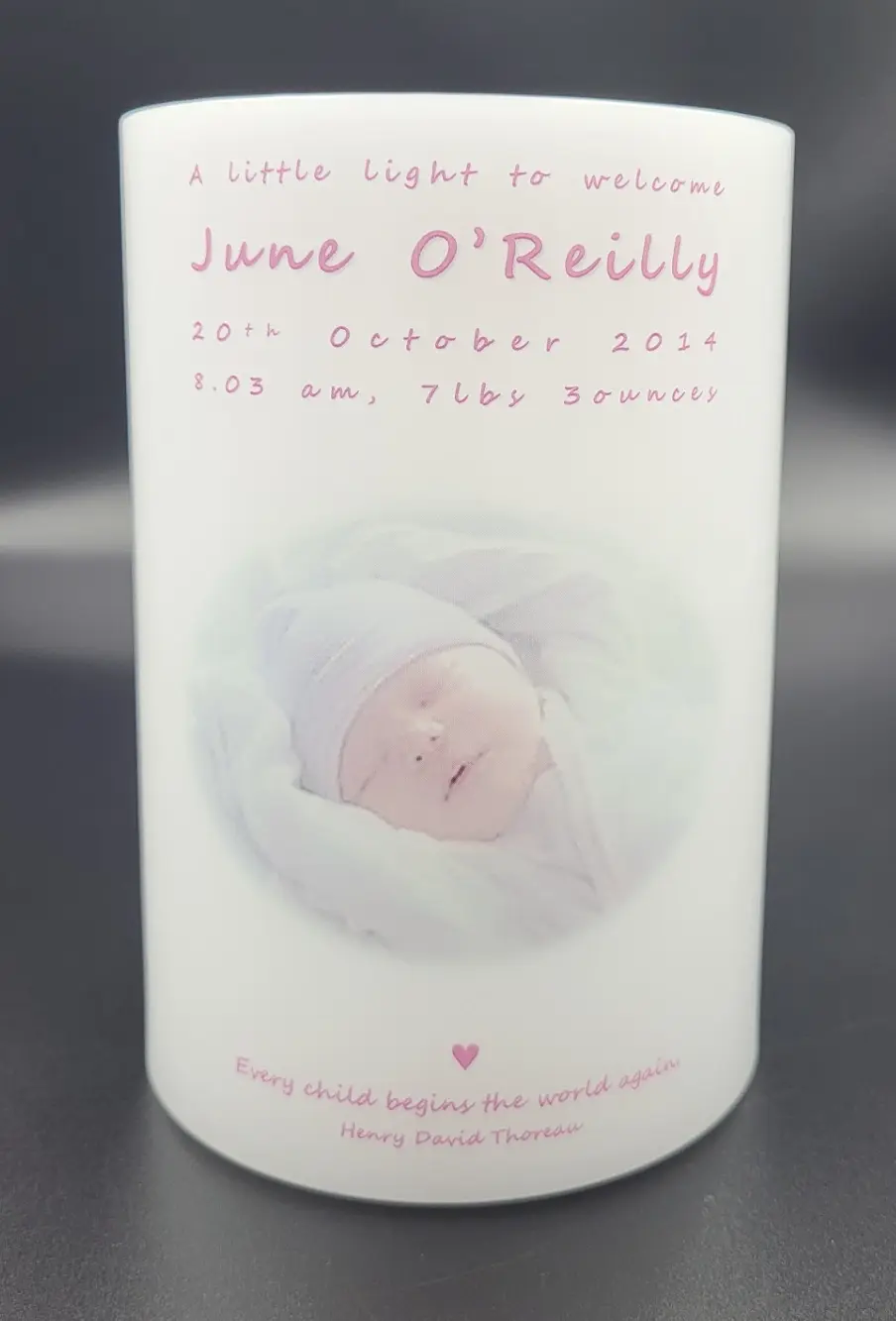 Front of new birth personalised candle lantern with photo of new born baby girl.