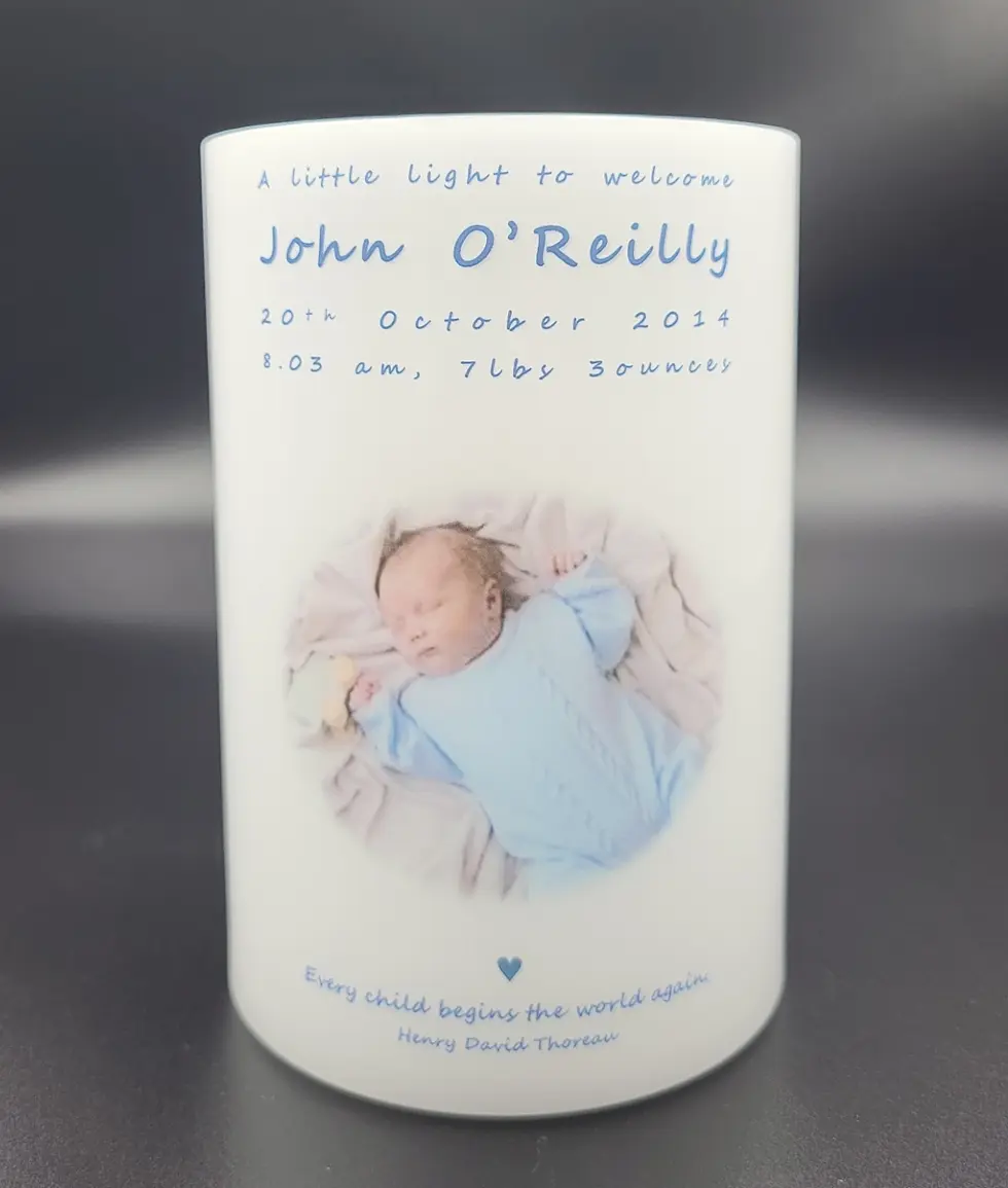 Thumbnail: Front of personalised new birth candle lantern with photo of new born baby boy.