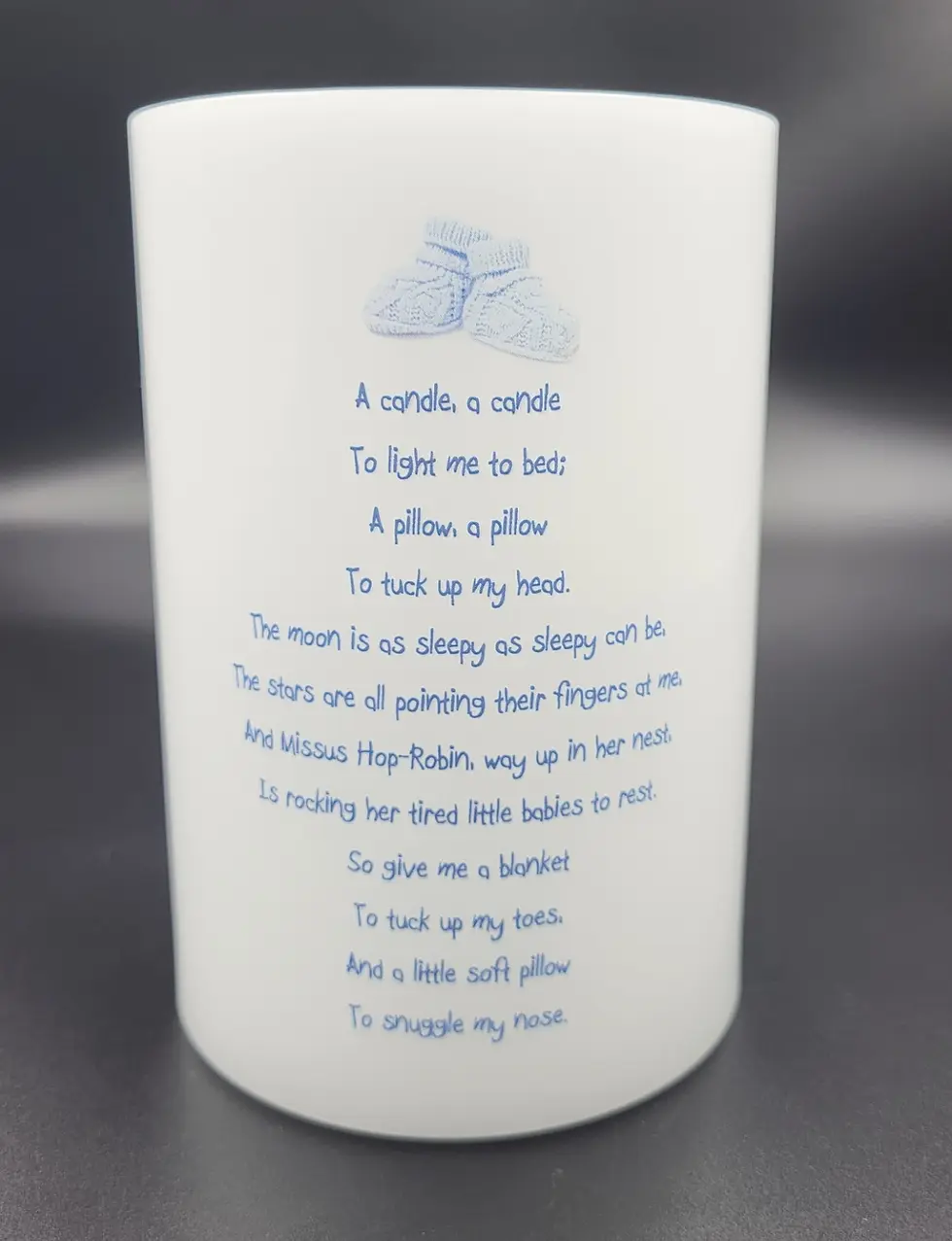 Thumbnail: Back of personalised new birth candle lantern with poem and booties.