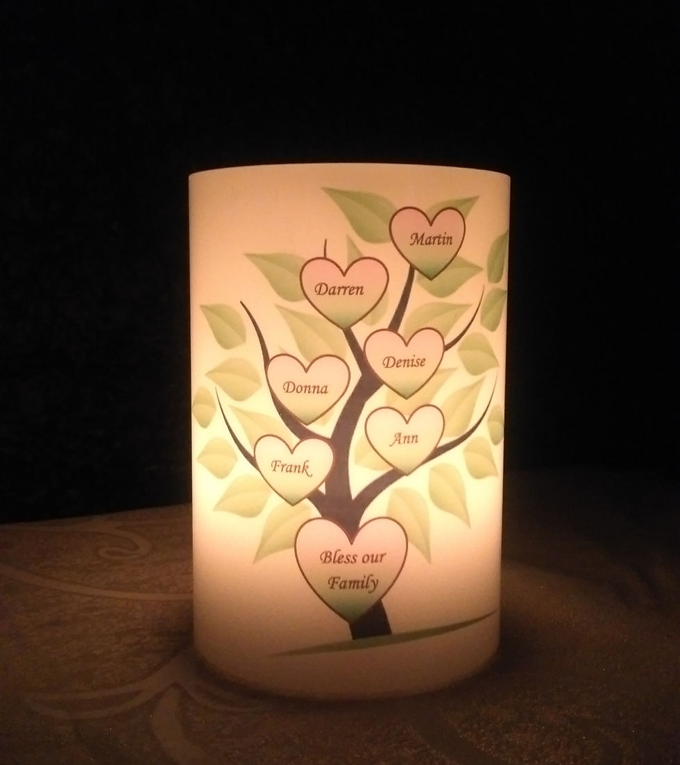 Family tree candle lantern front view lit