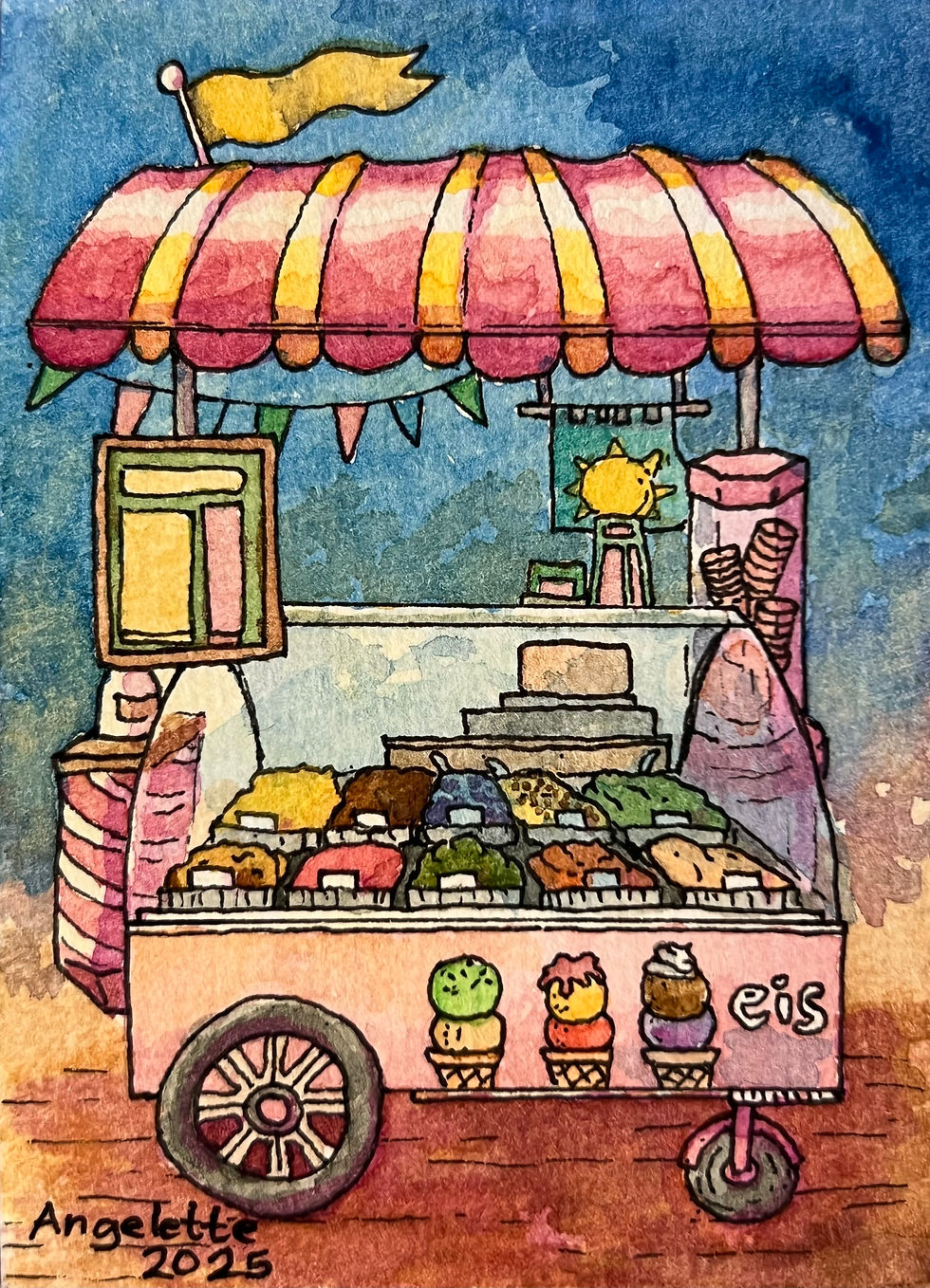 ACEO - Little Gelato Cart - Collectible Original Art