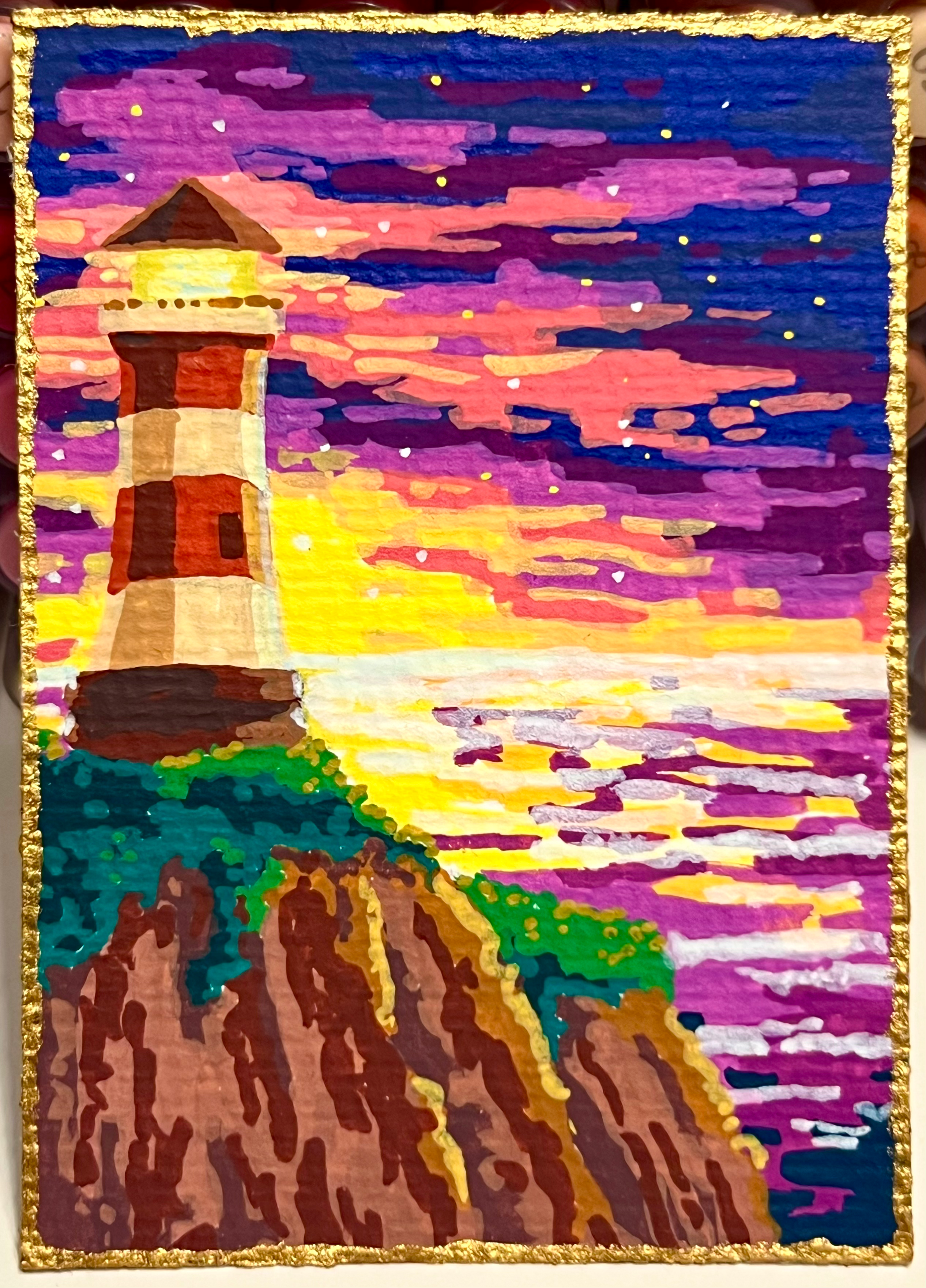ACEO - Lighthouse Under the Galaxy - Collectible Original Art - by ANGELETTE