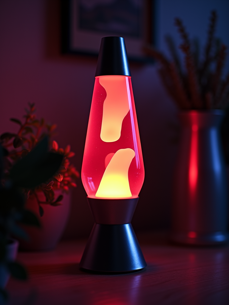 Glowing lava lamp with neon bubbles rising in a dark liquid.