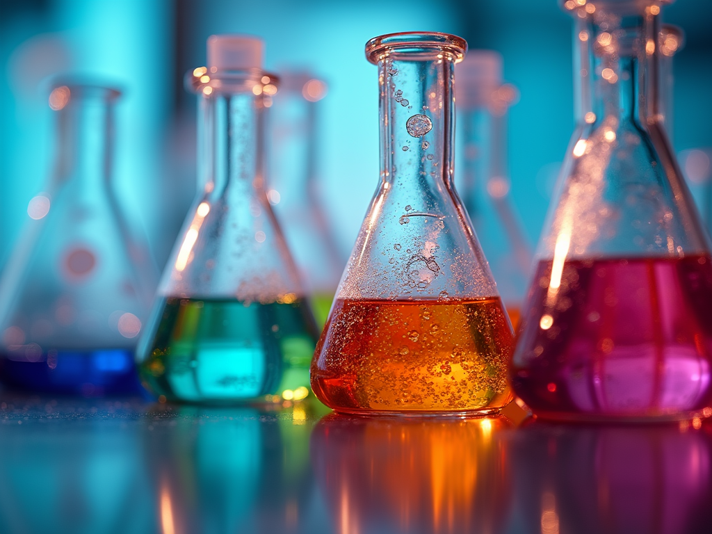 Scientific beakers and flasks filled with colorful bubbling chemical reactions.