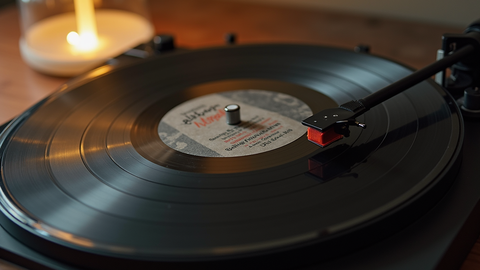 Close-up view of a vinyl record player with a motivational album cover