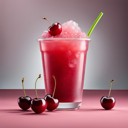cherry flavoured slushy with cherries as a garnish
