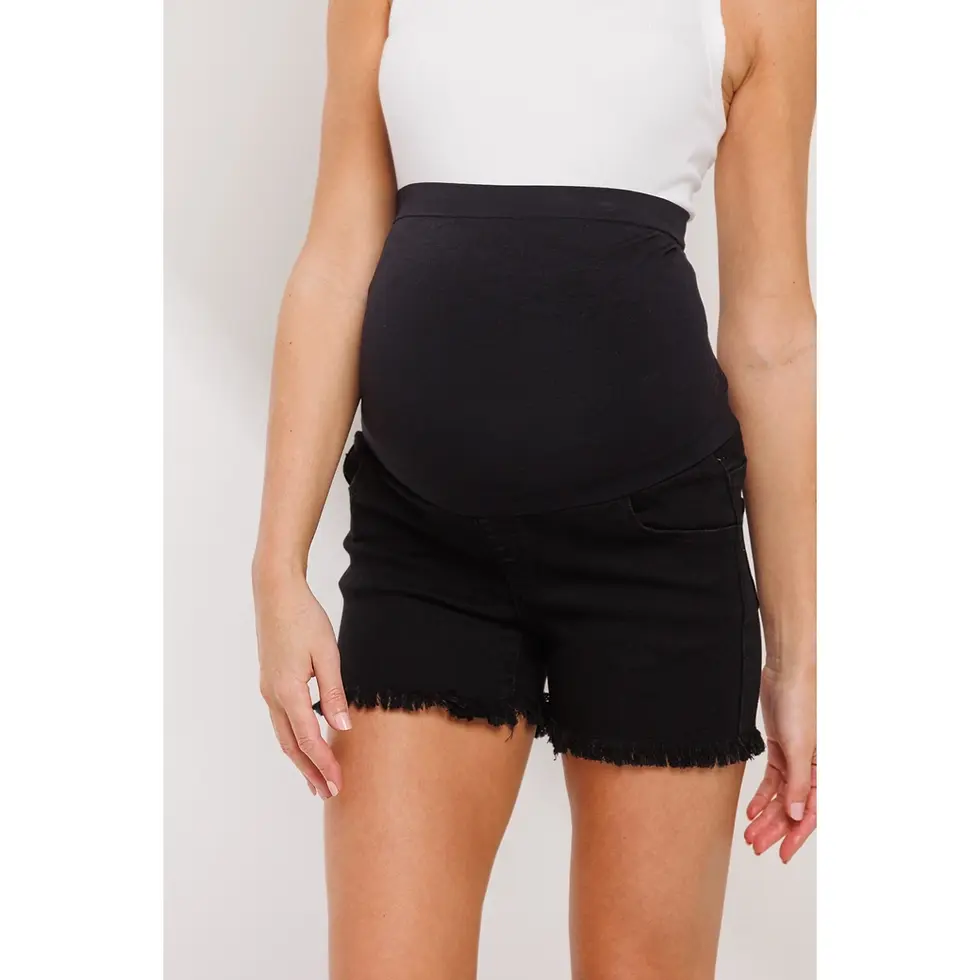 Thumbnail: Frayed Denim Maternity Shorts with Waistband Panel- Hello Miz