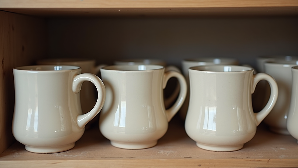 Close-up view of finished ceramic mugs on display shelf at pottery studio