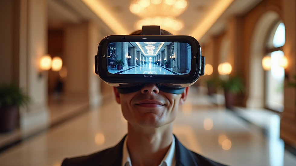 High angle view of a virtual reality headset displaying a Dubai hotel lobby