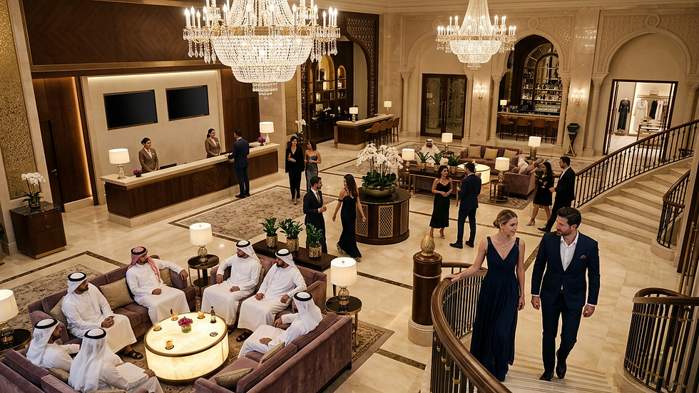 High angle view of a luxury hotel lobby captured for virtual tour