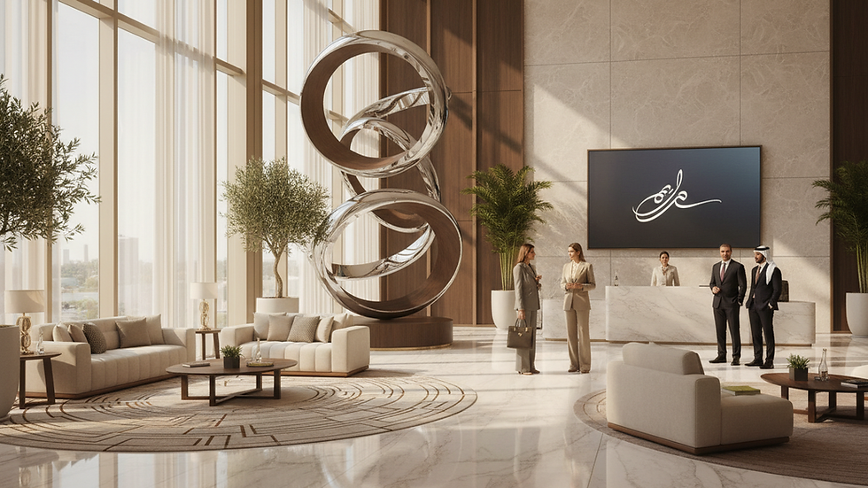 Eye-level view of a modern office lobby with natural lighting