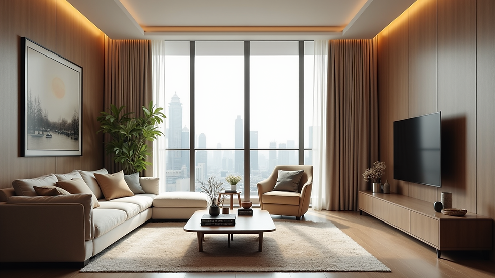Eye-level view of a modern Dubai apartment living room