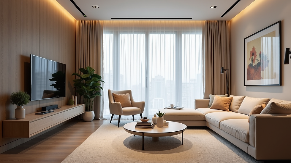 Eye-level view of a modern Dubai apartment living room