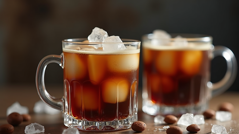 Nahaufnahme eines Glases mit Cold Brew Kaffee und Eiswürfeln