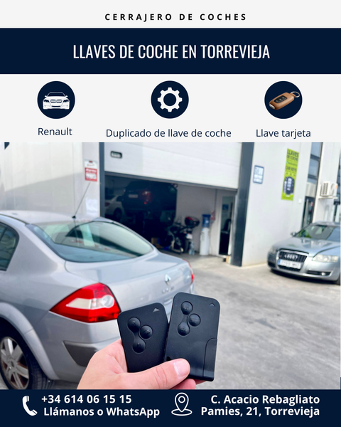Duplicado de llave de coche Renault, llave tarjeta profesional con chip y mando