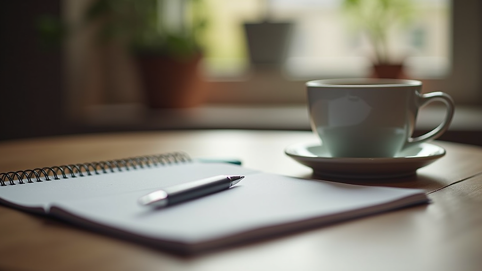 Close-up view of a notebook with a pen and a cup of coffee