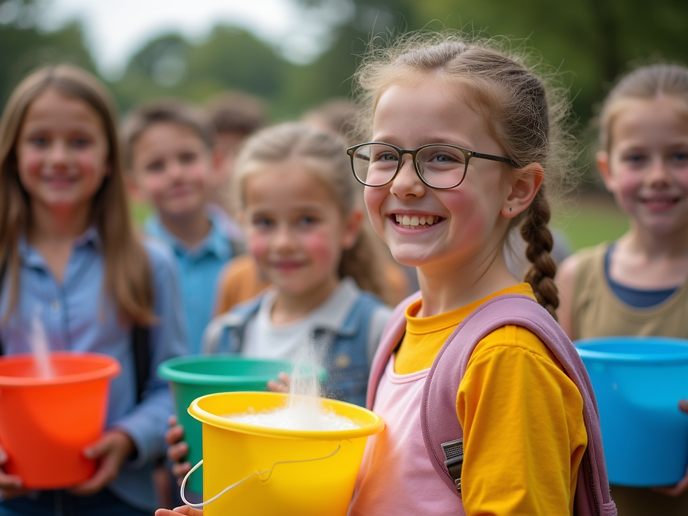 A group-of-happy-students-holding-buckets-of-detergent-at-a-school-fundraiser-with-bright-