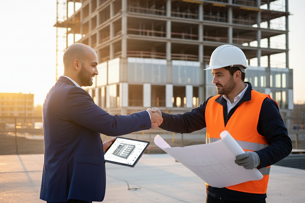 Projektleiter und Partner bei der persönlichen Abstimmung auf einer Baustelle, Symbol für regionale Zusammenarbeit.