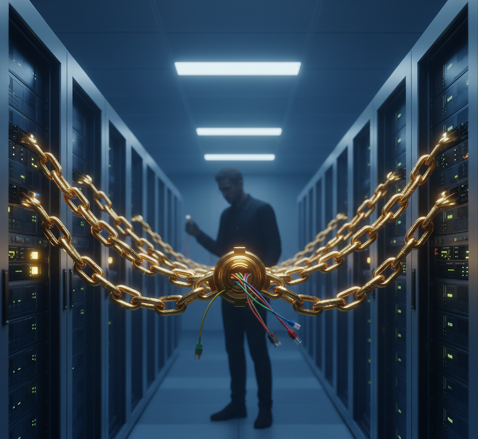 Symbolische Darstellung eines Vendor Lock-in: Goldene Ketten verbinden technische Serverschränke, versinnbildlicht die teure Abhängigkeit von geschlossenen Herstellersystemen.