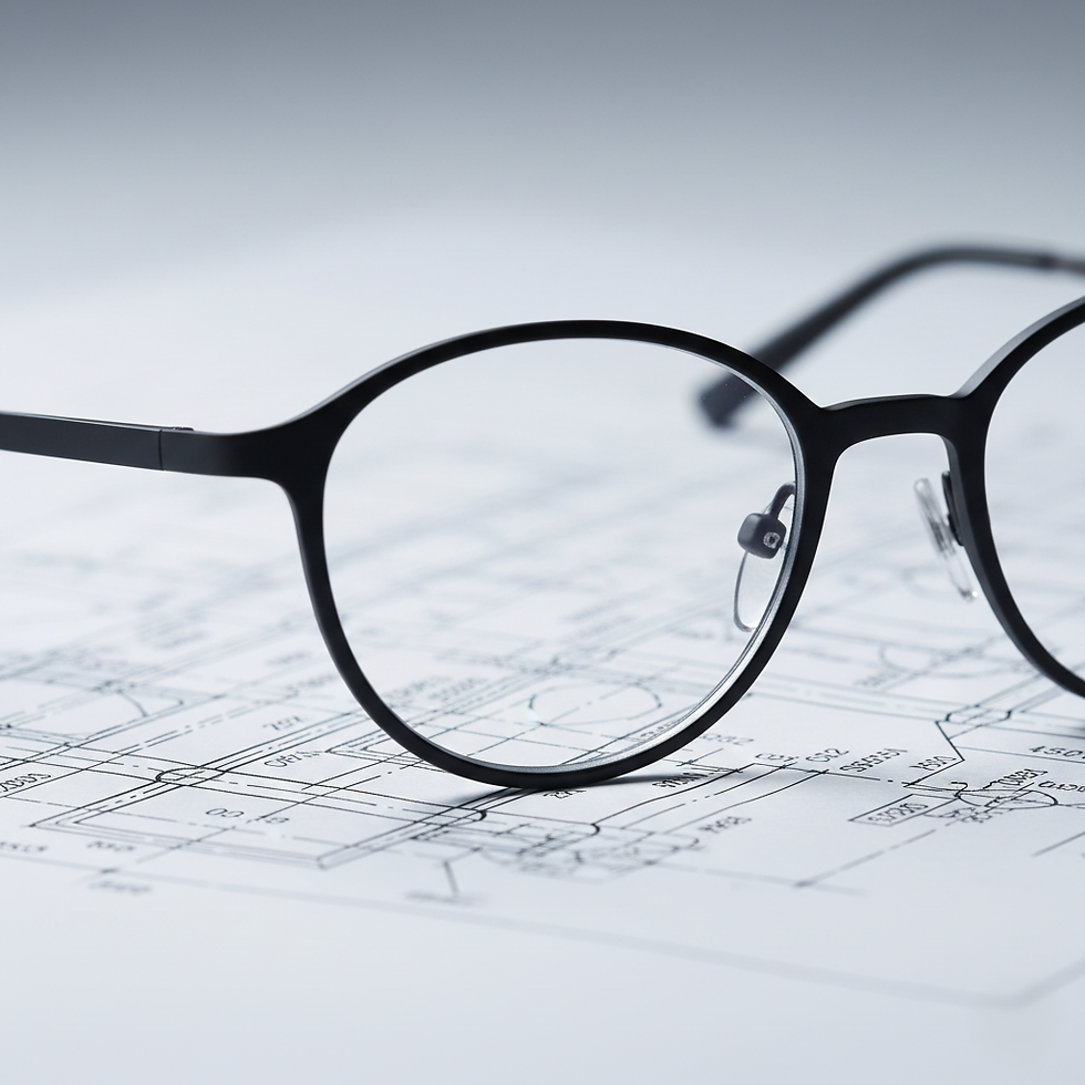 Fachmännische Prüfung eines technischen Plans durch eine Brille, Metapher für präzise MSR-Kontrolle.