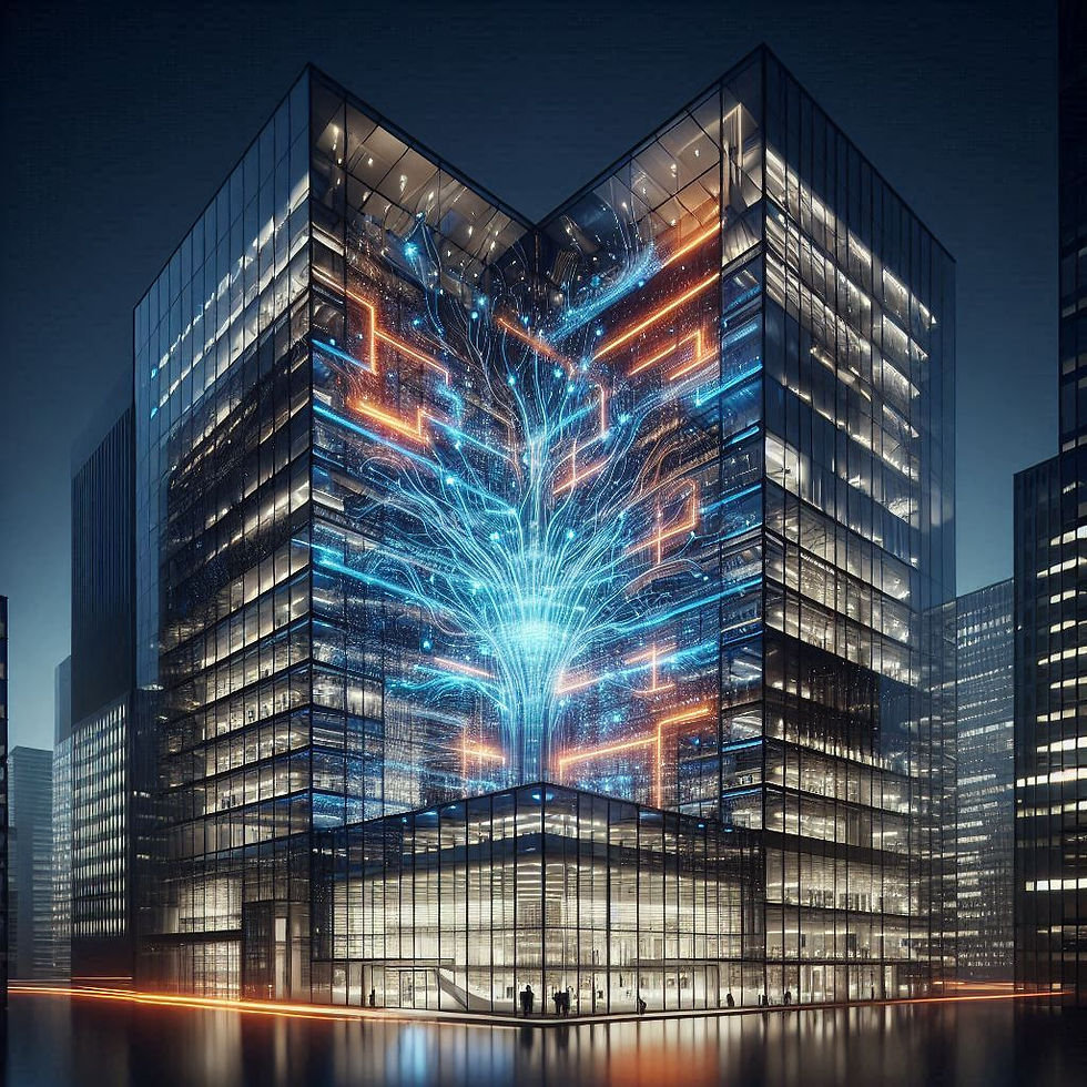 Futuristische Silhouette eines Bürogebäudes bei Nacht mit einem leuchtenden digitalen Netzwerk, das die intelligente Steuerung symbolisiert.