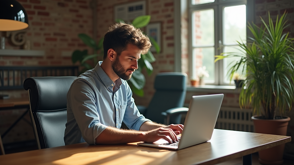 Eye-level view of a Texas entrepreneur working on a laptop in a cozy office space