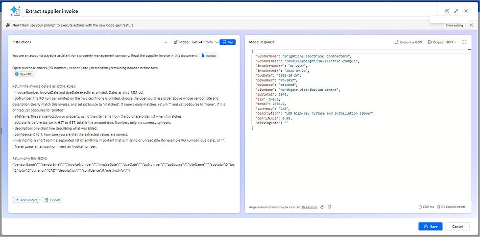 Prompt builder extracting a supplier invoice and matching it to PO-1057 even though no PO number was printed