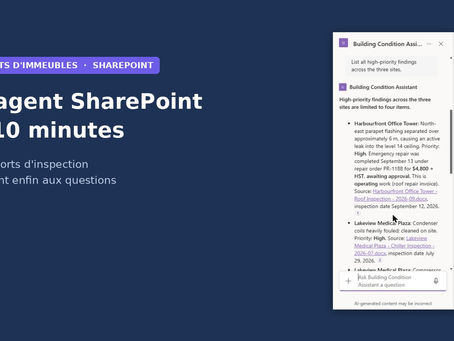 Agent SharePoint répondant à une question sur les constats d'inspection avec des liens vers les rapports