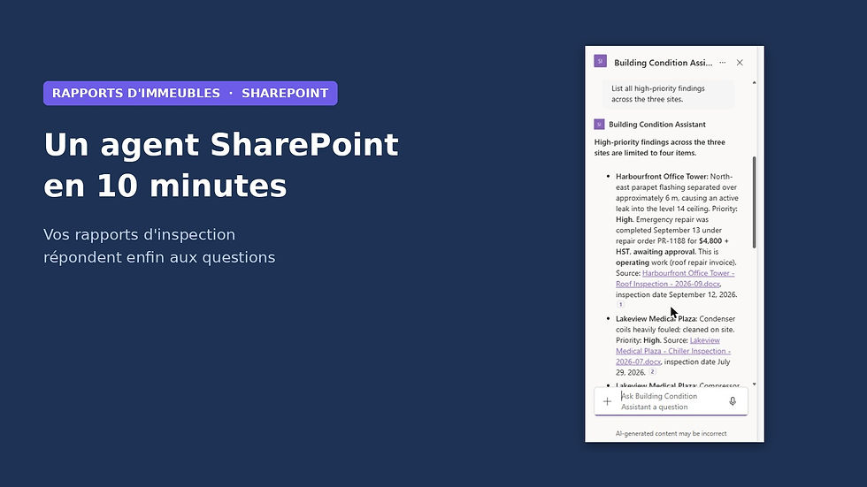 Agent SharePoint répondant à une question sur les constats d'inspection avec des liens vers les rapports