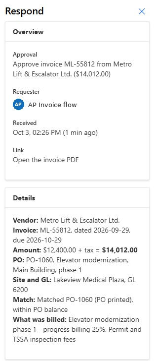 Approval request for invoice ML-55812 showing vendor, amount, PO, site, GL code and match result
