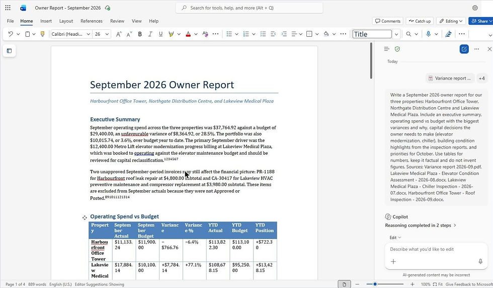 Owner report drafted by Copilot in Word with executive summary and spend vs budget table