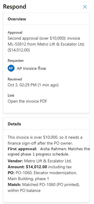 Second approval for an invoice over 10000 dollars including the first approver's comment