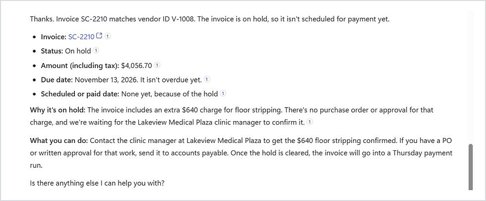 Copilot Studio invoice agent explaining that an invoice is on hold because of a 640 dollar charge without a purchase order