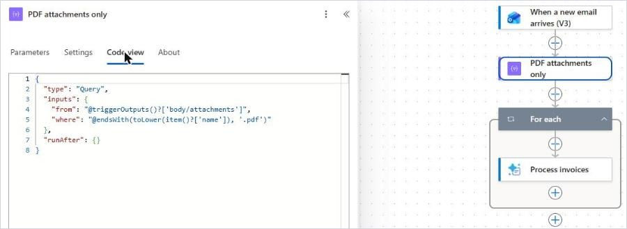 Power Automate Filter array action that keeps only PDF attachments