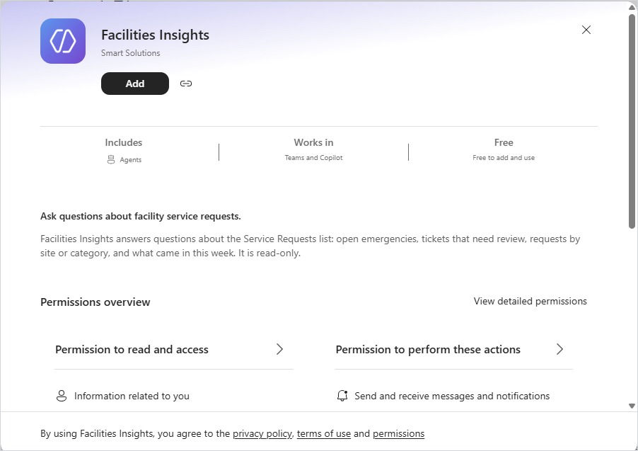 Fiche de l'agent Facilities Insights dans Microsoft 365 Copilot avec le bouton Add et l'aperçu des autorisations