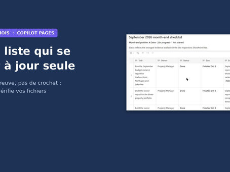 Page Copilot avec la liste de vérification de fin de mois, la ligne d'état et les échéances