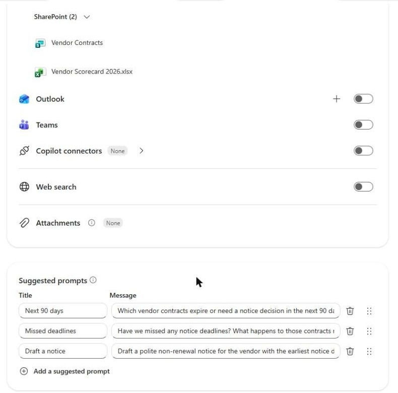Agent knowledge set to the Vendor Contracts folder and the vendor scorecard, with Outlook, Teams and web search turned off