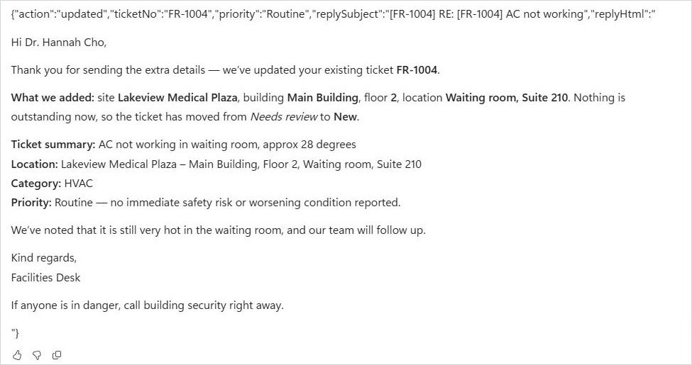 Copilot Studio preview showing the agent updating ticket FR-1004 and writing the reply