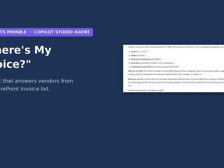 Copilot Studio agent answering a vendor's invoice status question from a SharePoint list