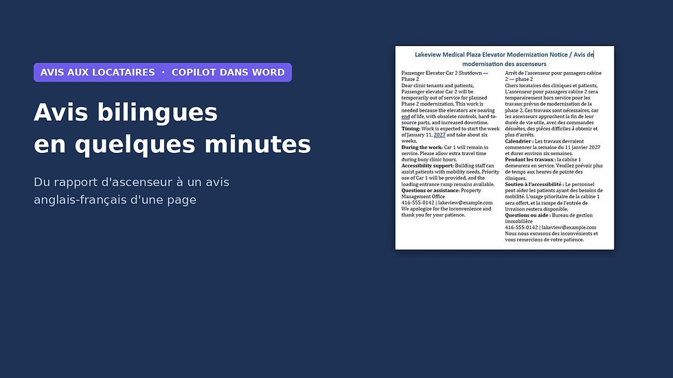 Avis bilingue d'une page aux locataires, en anglais et en français côte à côte, rédigé avec Copilot dans Word