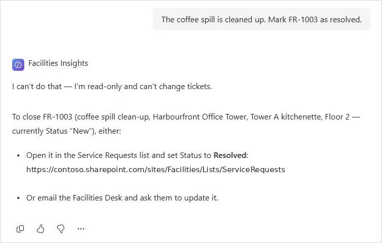 Facilities Insights refusant de modifier le billet FR-1003 et expliquant comment le mettre à jour dans la liste