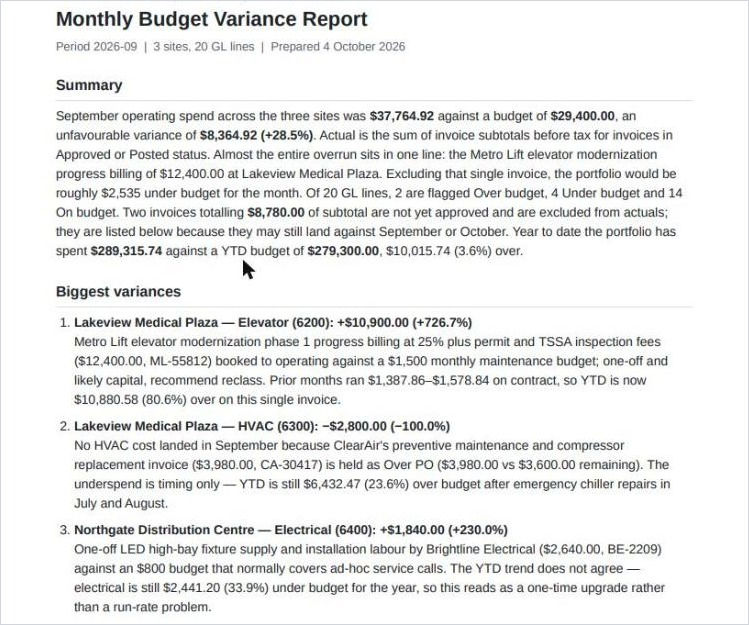 Monthly budget variance report PDF produced by the agent with a summary and the biggest variances
